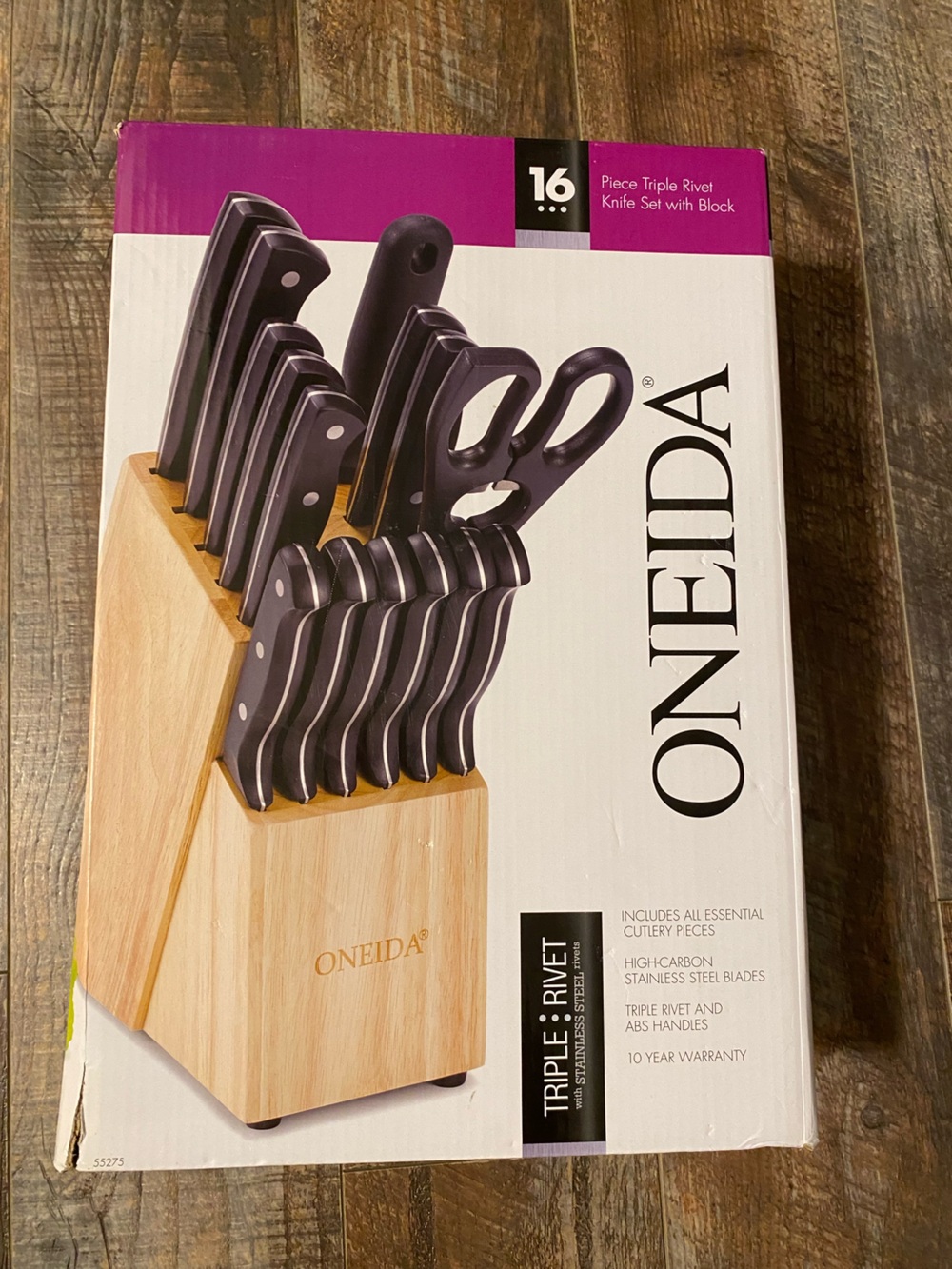 Oneida Knife Set with Black Handles and Wood Block